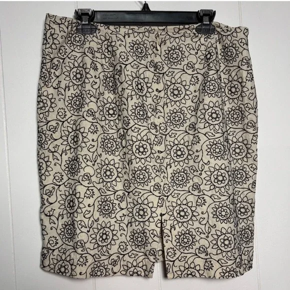 Floral Linen Blend Embroidered Pencil Skirt Cream Black Plus Sz 16 Minimalist - Picture 2 of 9